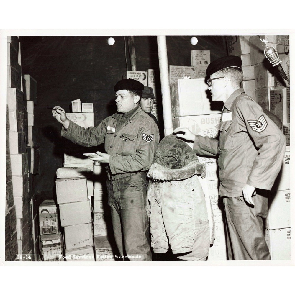 Vintage US Air Force Food Services Ration Warehouse Photo Airmen Berets B&W